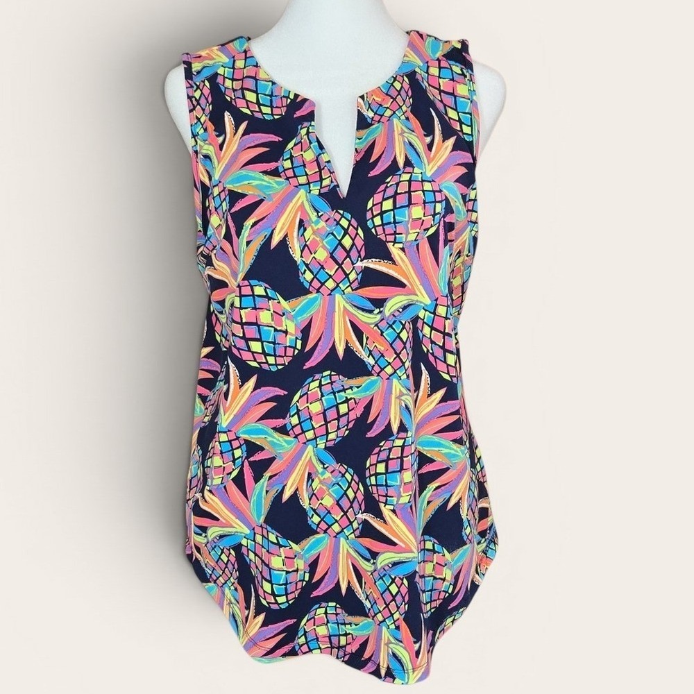 LuluB Womens Small Neon Pineapple Print Sleeveless Split Neck Tunic Top Summer